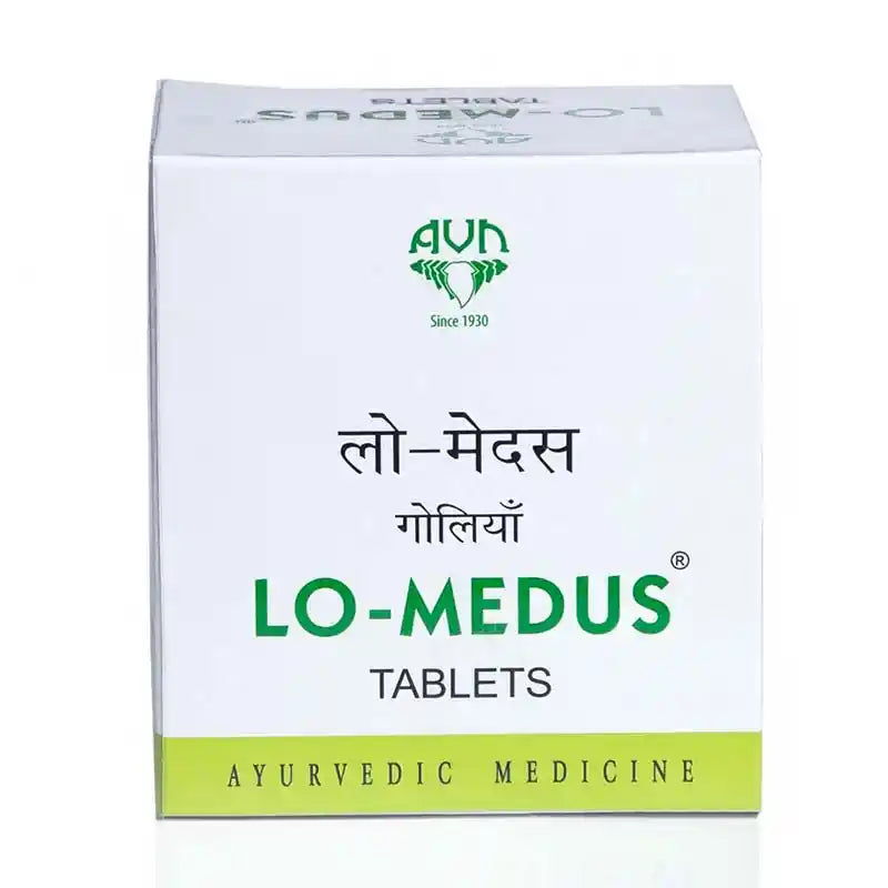 Box of LO-MEDUS tablets with Ayurvedic medicine label on a white background
