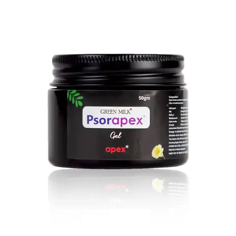 Black jar of Psorapex Gel with Green Milk branding on a white background