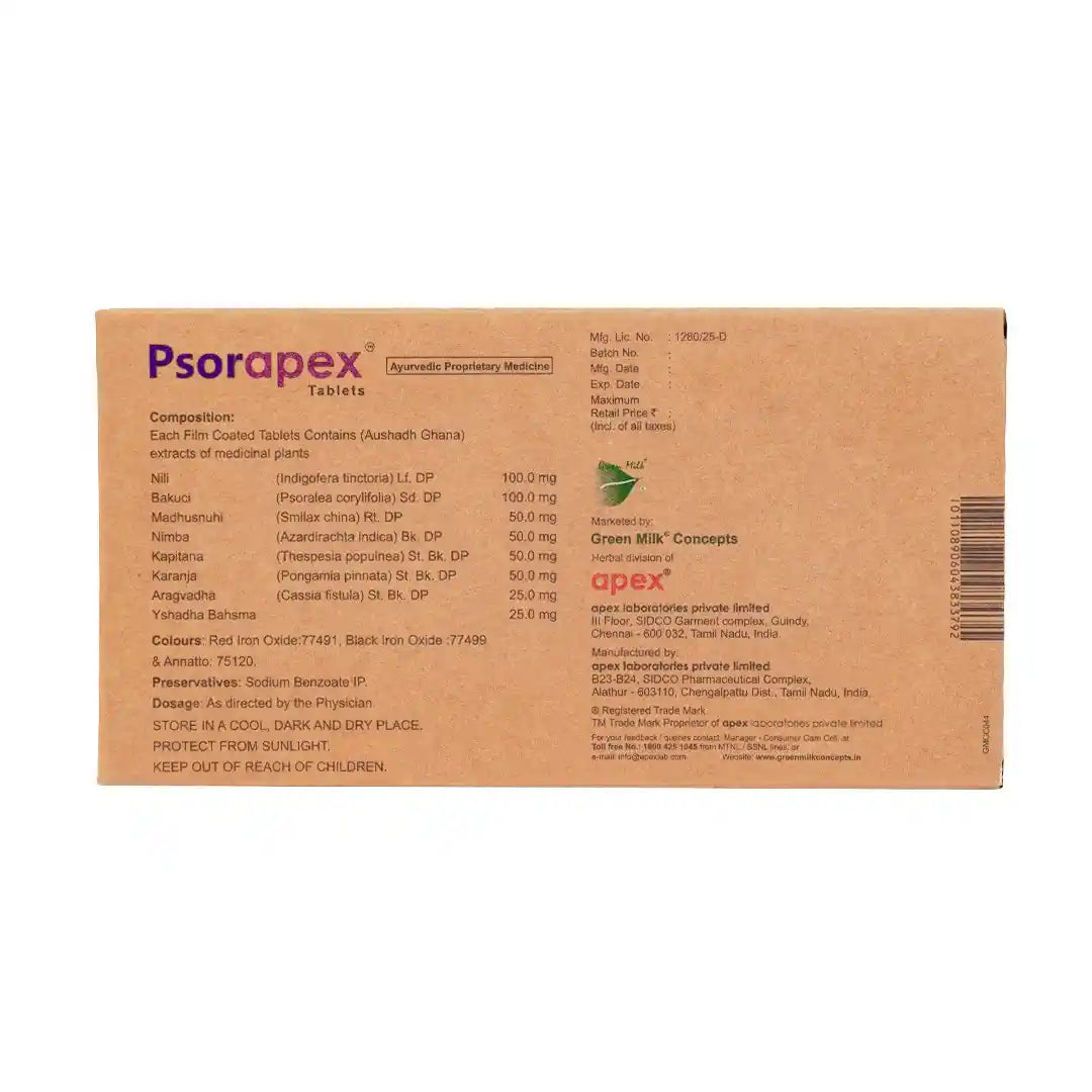 Psorapex tablet packaging with detailed information on a white background