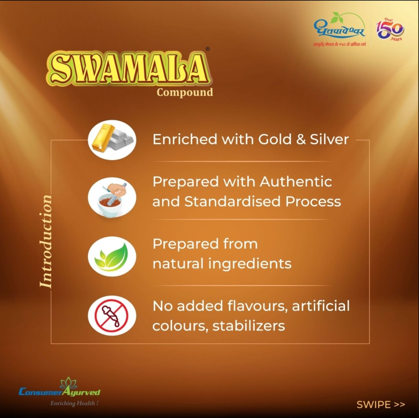 Promotional image of Swamala Compound with features listed on a brown background.