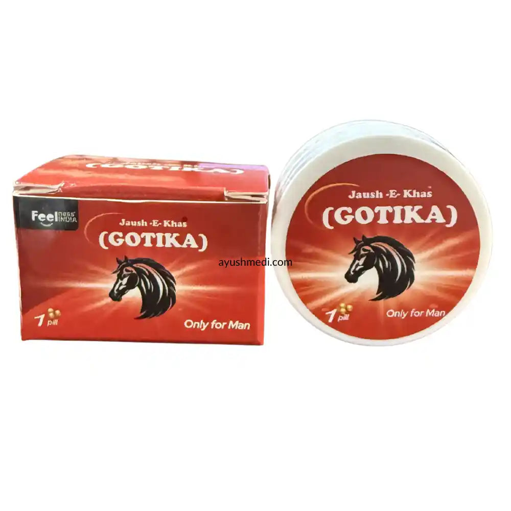 Red container and packaging of Jaush-E-Khas Gotika for men on a white background