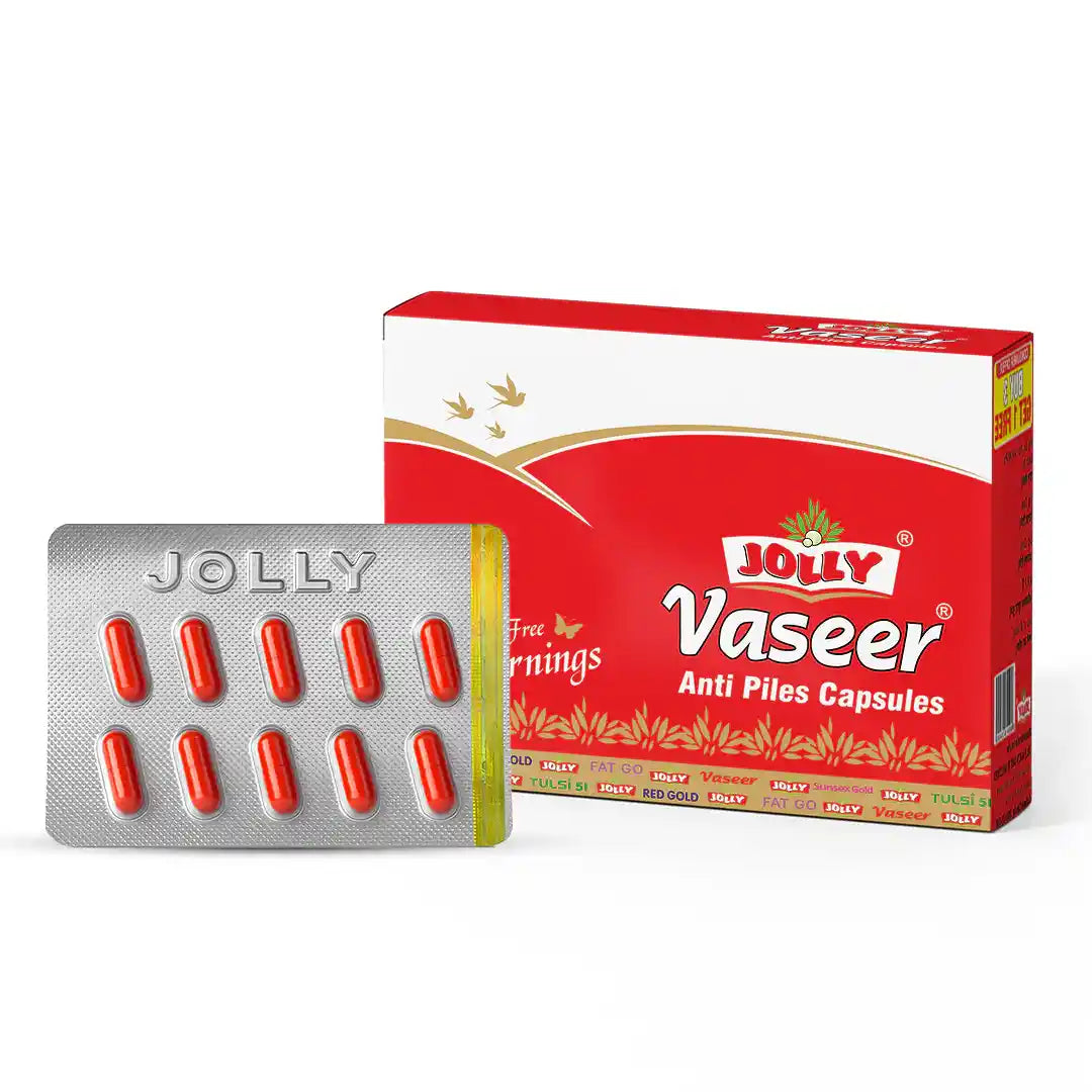 Red and white packaging of Jolly Vaseer Anti Piles Capsules with a silver card displaying red capsules.