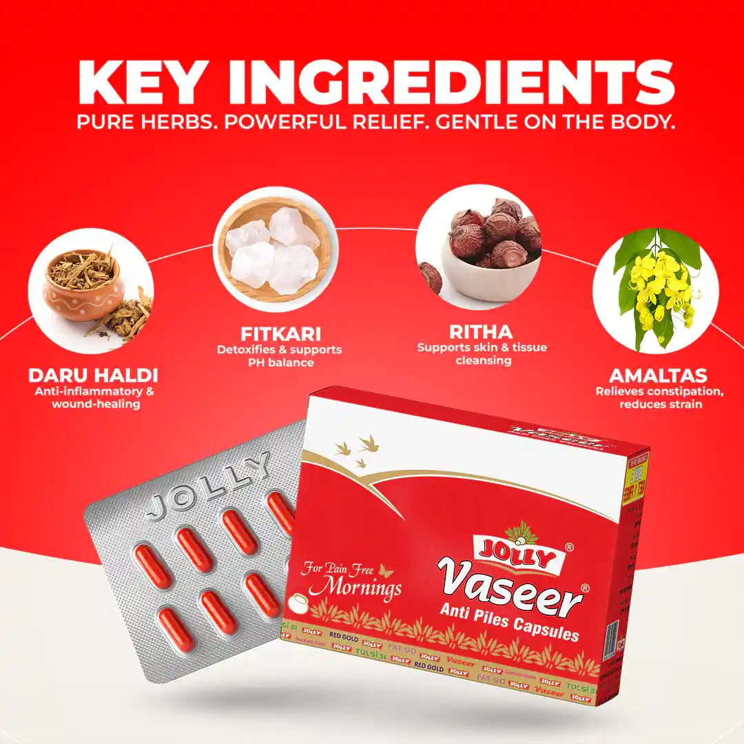 Vaseer anti piles capsules packaging with key ingredients on a red background