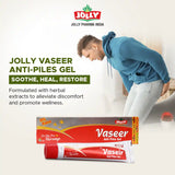 Advertisement for Jolly Vaseer Anti-Piles Gel with packaging and a person in a blue hoodie.