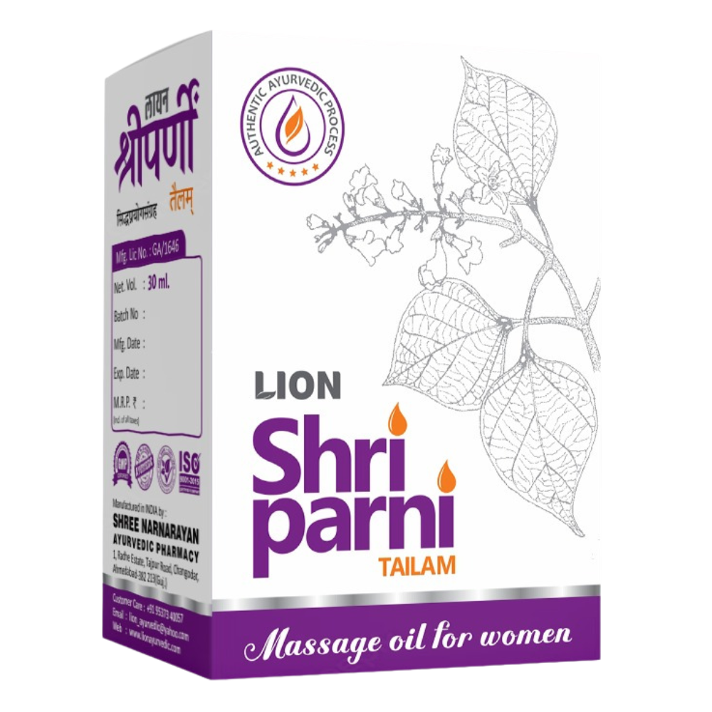 Shri Parni massage oil packaging with leaf illustration on a white background