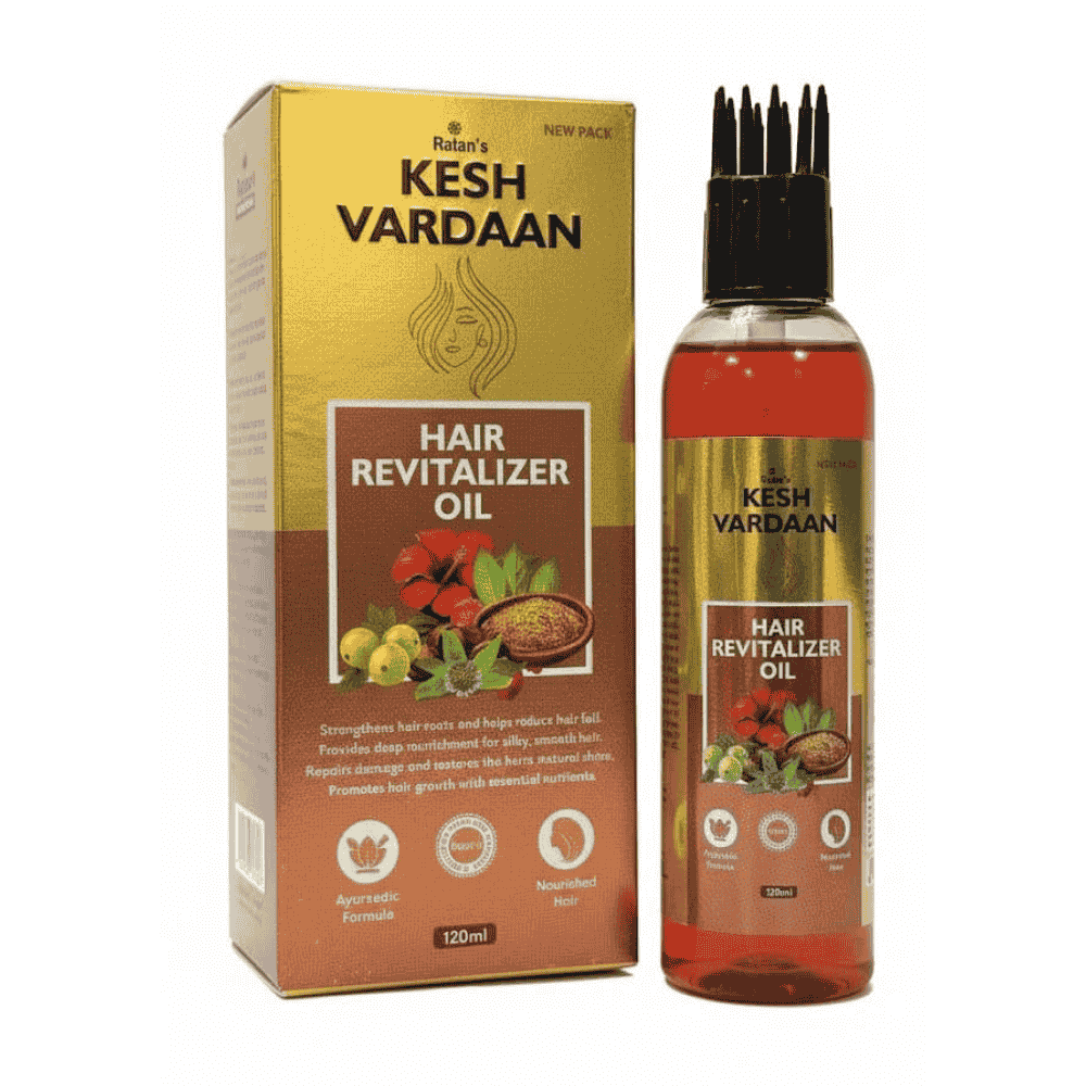 Kesh Vardaan Hair Revitalizer Oil packaging and bottle on a white background