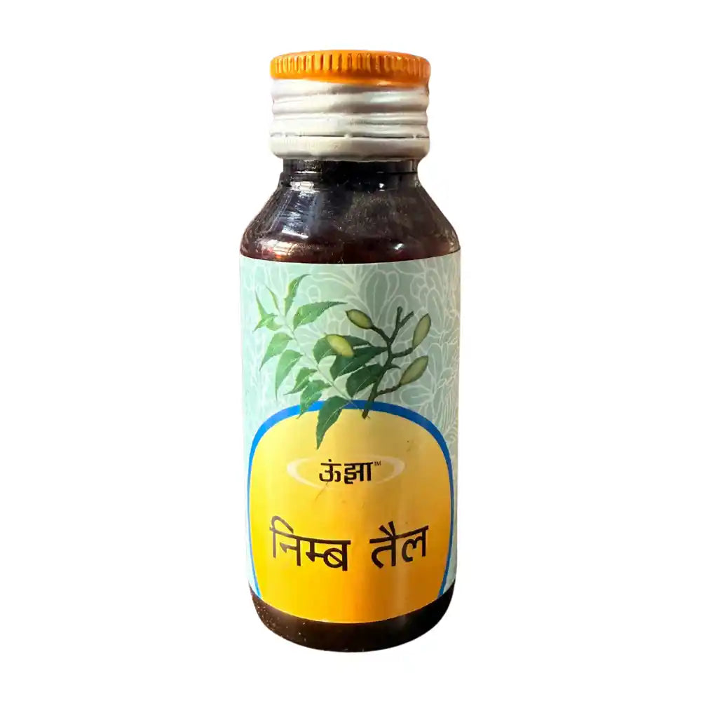 Bottle of neem oil with a colorful label on a white background