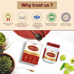 Amastha Ayurveda products with certification logos on a white background