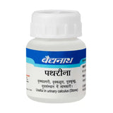 Bottle of Baidyanath Patharina with blue and white label on a white background
