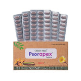 Packaging of Green Milk Psorapex Tablets with blister packs on a white background