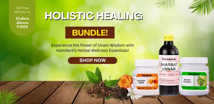 Herbal wellness products with promotional text on a wooden surface and green background