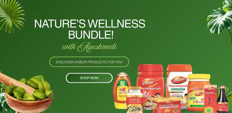 Dabur products with a green background and promotional text for 'Nature's Wellness Bundle'.