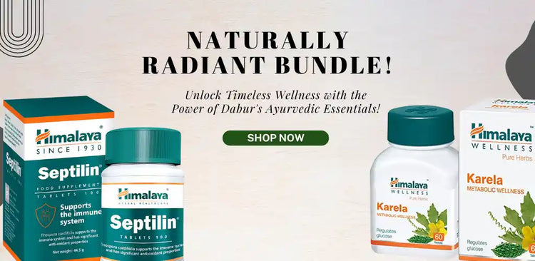 Himalaya Ayurveda products including Septilin and Karela on a light background with promotional text.