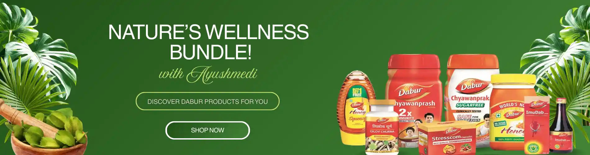 Nature's Wellness Bundle advertisement with health products on a green background