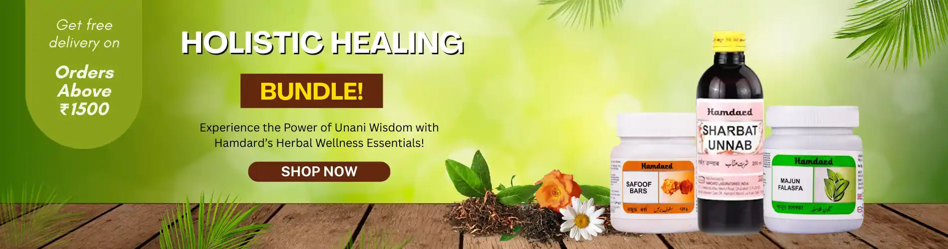 Holistic healing bundle with natural products on a wooden surface with a green background