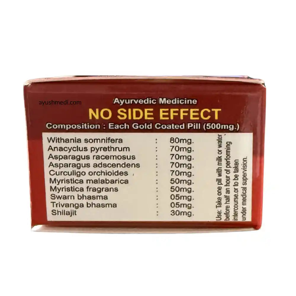 Box of Ayurvedic medicine with ingredient list and 'No Side Effect' claim on a white background