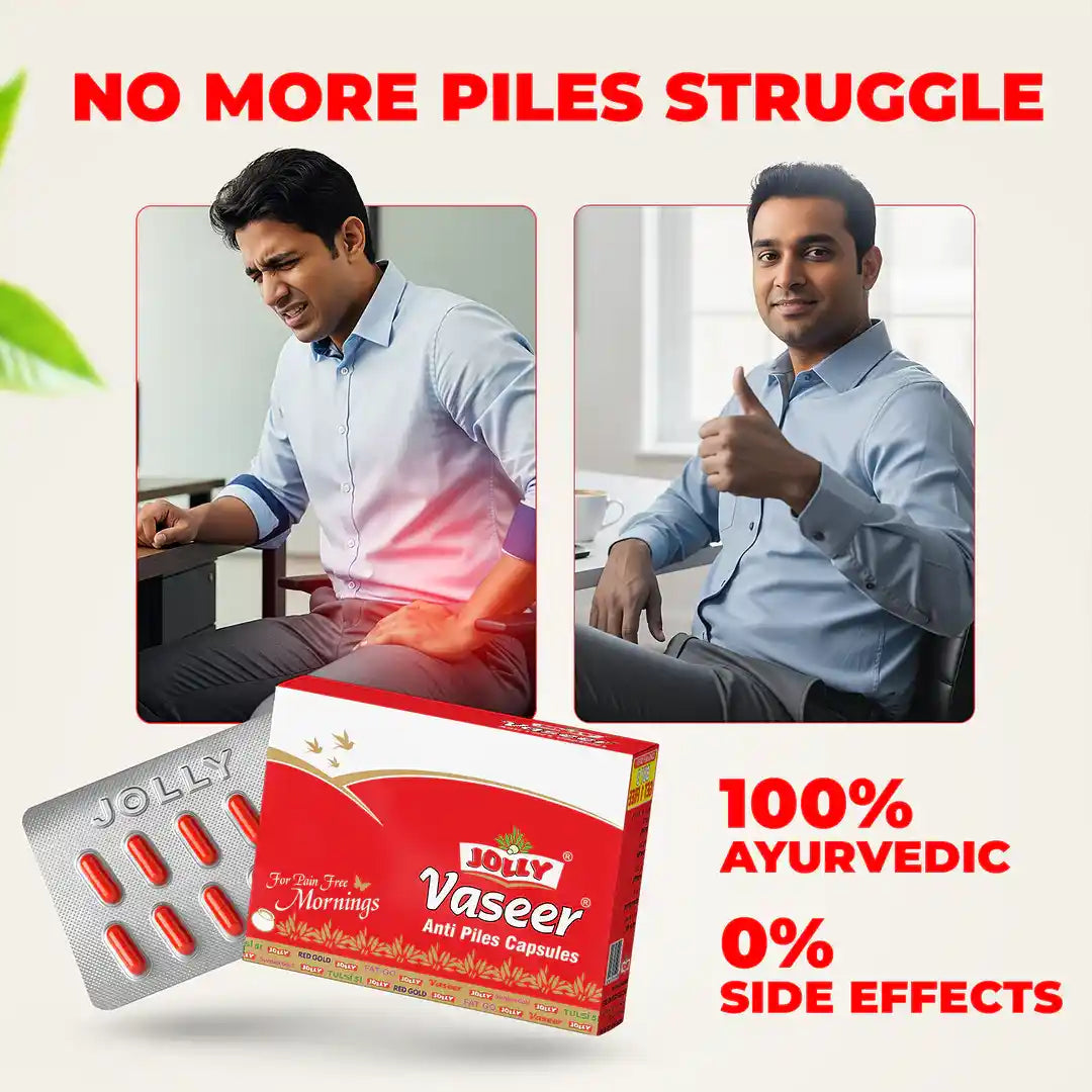 Advertisement for Jolly Vaseer capsules with a man showing relief and a box of the product.
