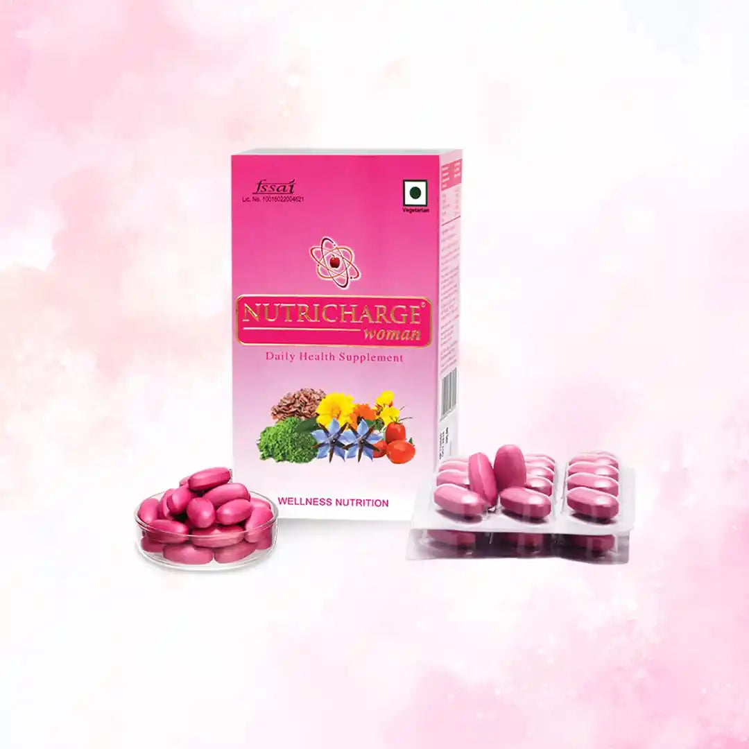 Nutricharge Women health supplement packaging with pink tablets on a pink gradient background