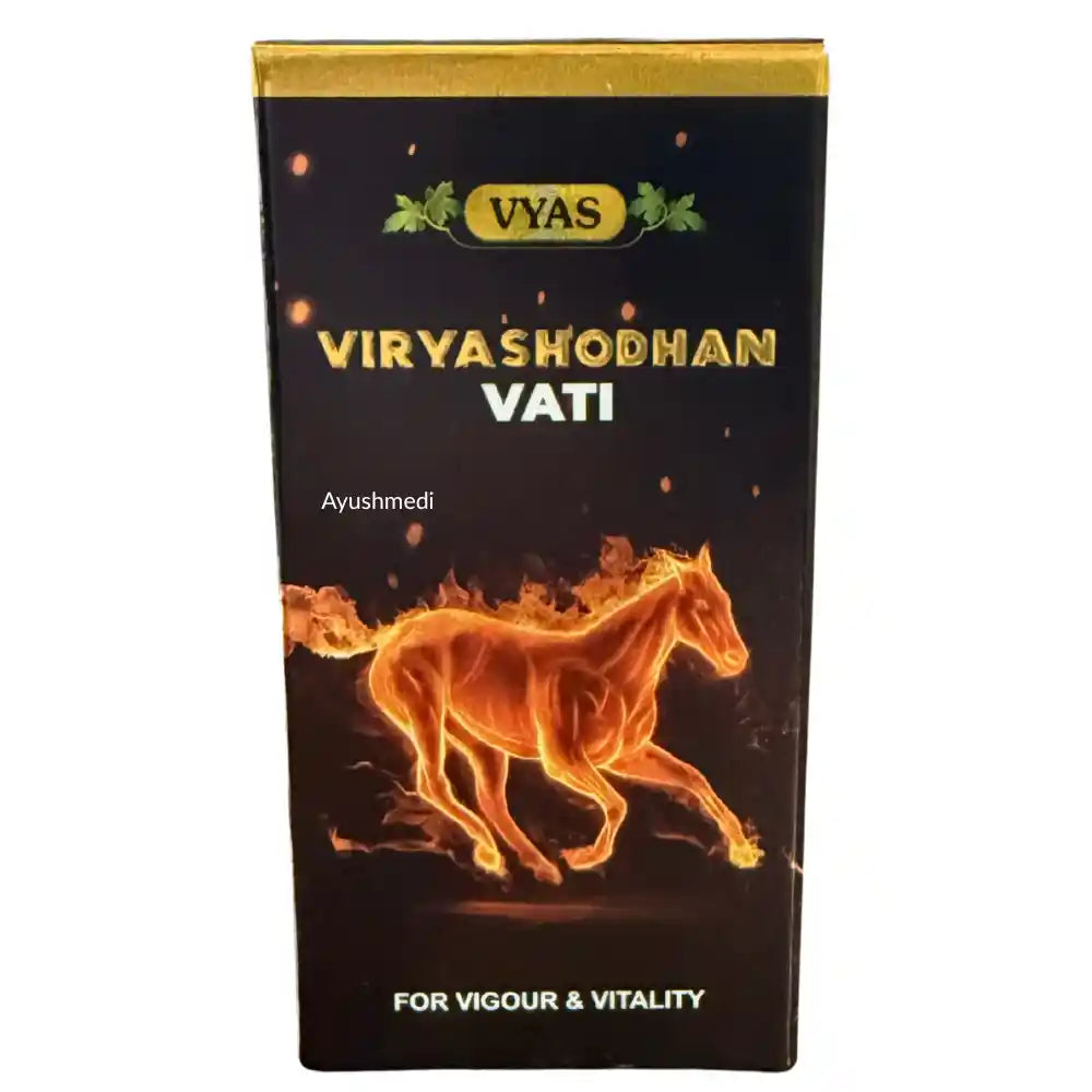 Vyas Viryashodhan Vati packaging with a horse illustration on a black background